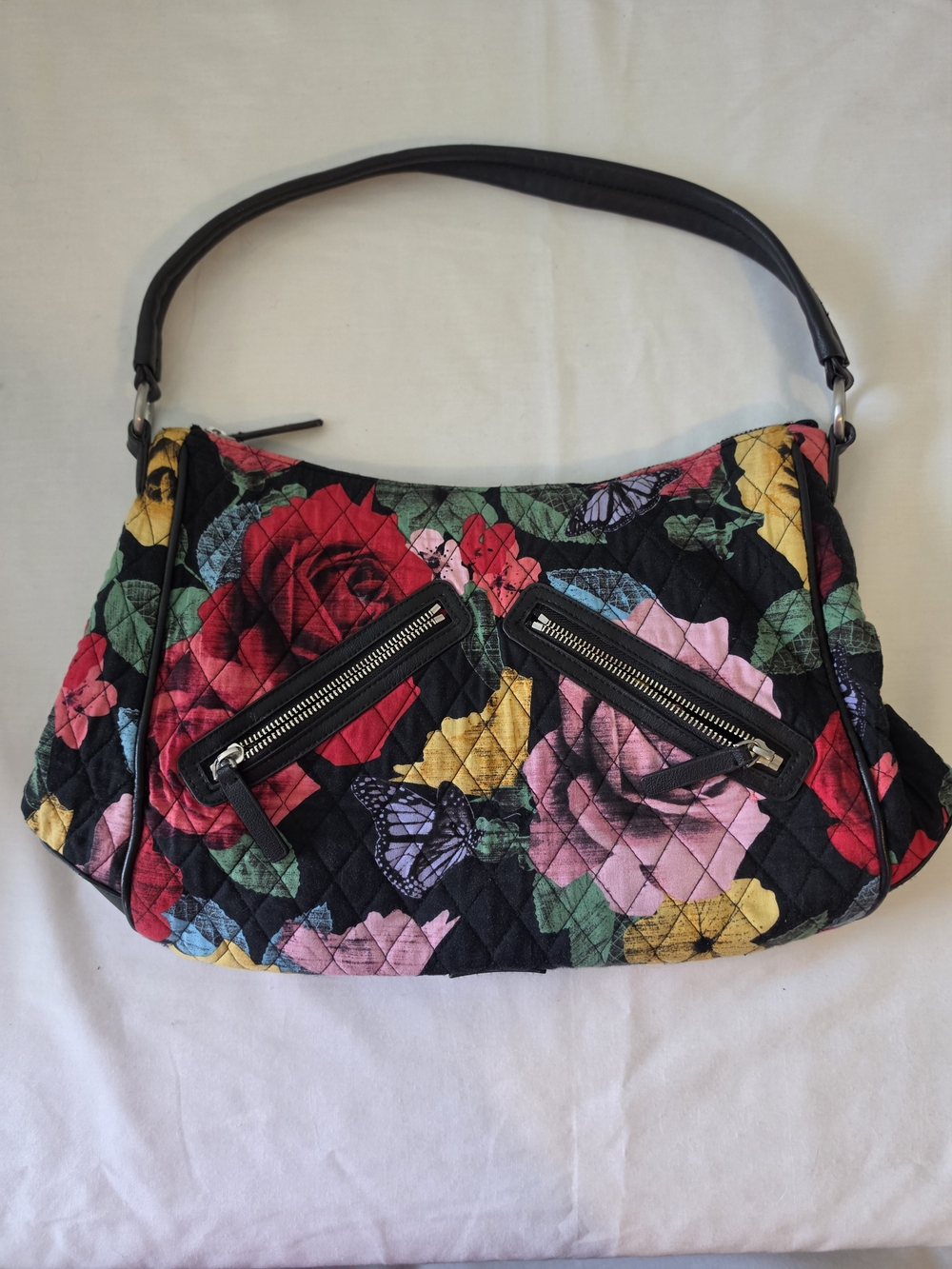 Vera Bradley Black Quilted Shoulder Bag with Multicolor Floral Print